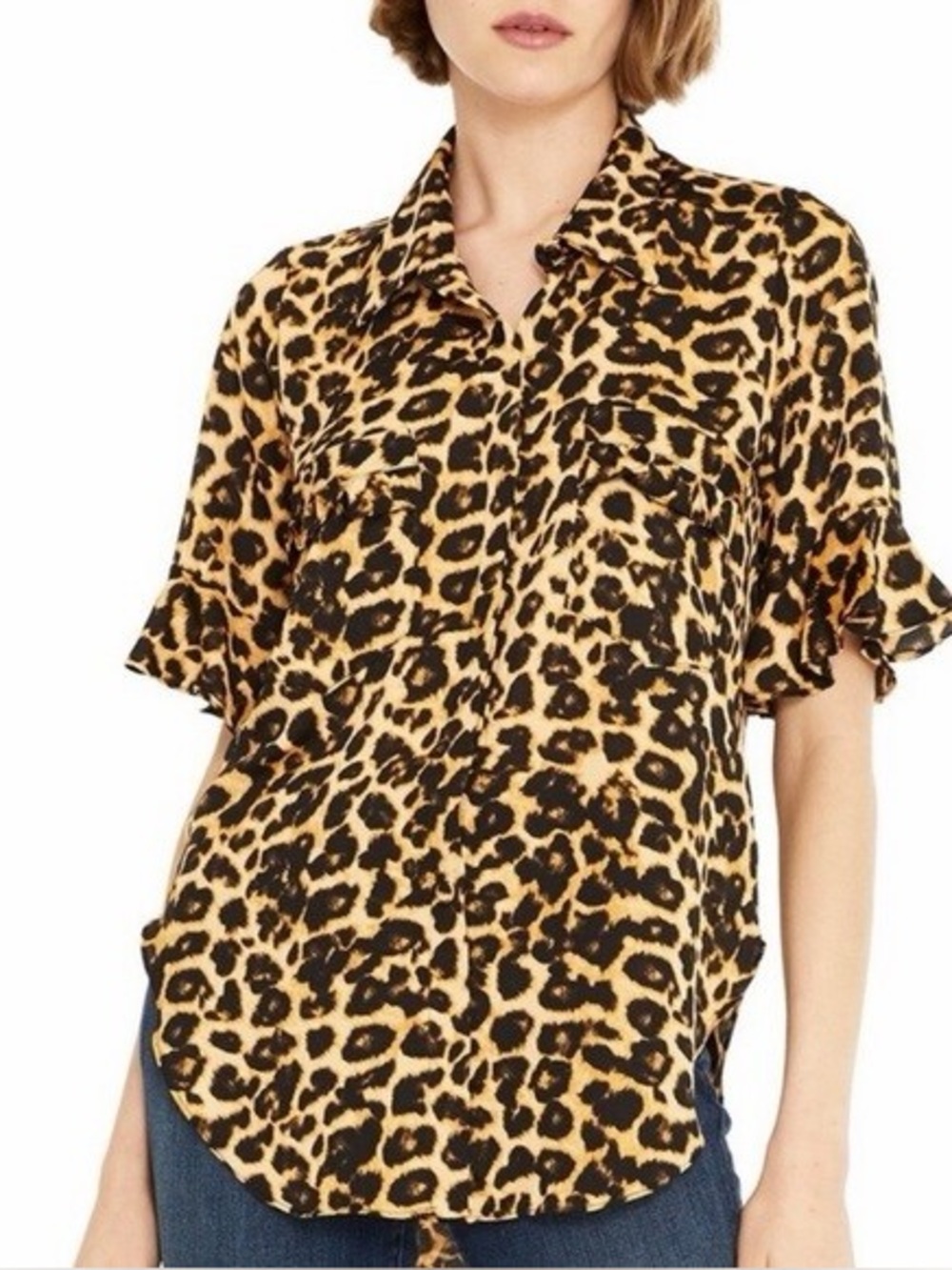 Misa Los Angeles Leopard Short Sleeve Ruffled Blouse